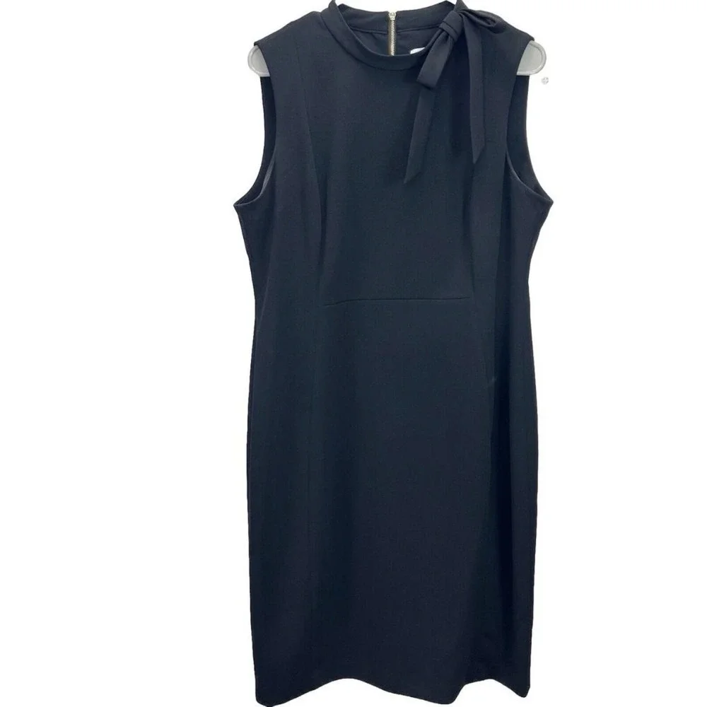 Calvin Klein Black Bow High Neck Sleeveless Stretch‎ Crepe Sheath Dress Size 8